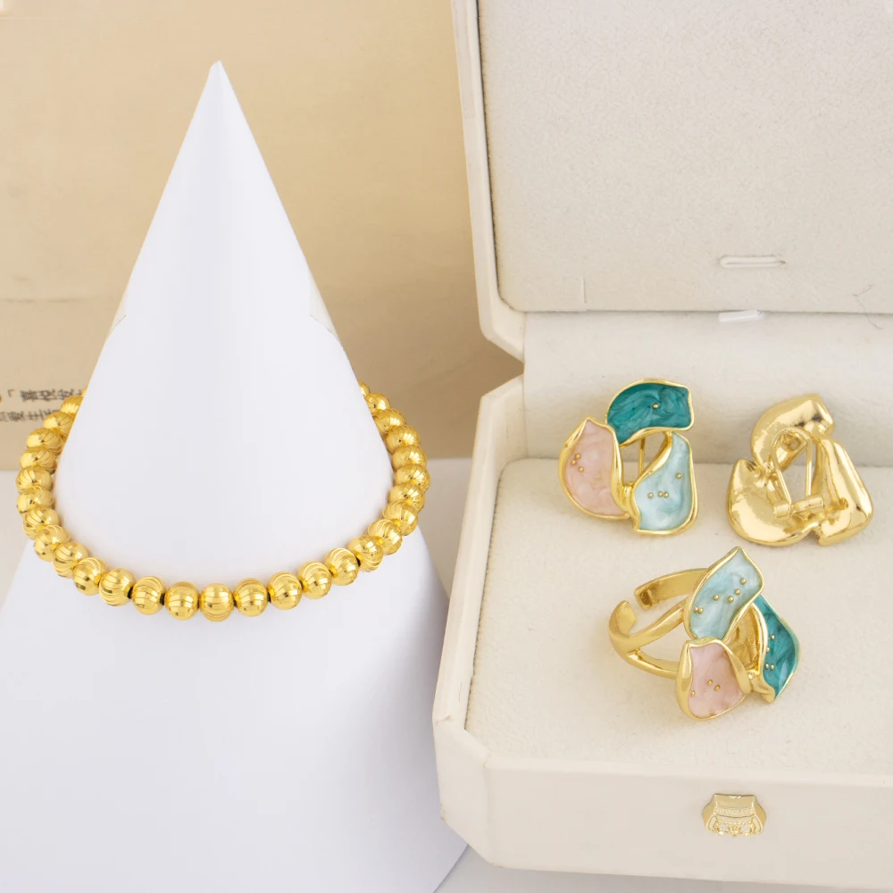 Boucles d'oreilles colorées, bague couleur or, bracelet pour femmes, ensemble de bijoux tendance du Congo America, brillance avancée, cadeau de fête de mariage décontracté