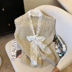 Gilet avec nœud en dentelle pour femme, pull superposé extérieur, nouvelle collection automne 2025
