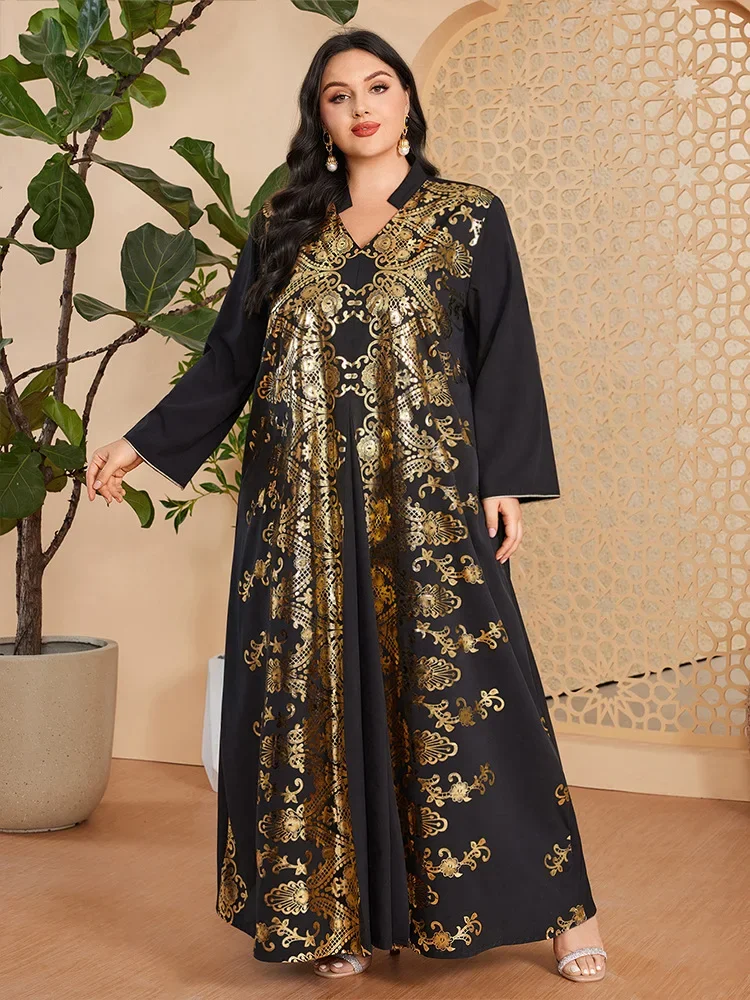 musulman arabe femme ample décontracté rétro ethnique impression noir col en v manches longues vêtements abaya femmes dubaï longue robe grande taille
