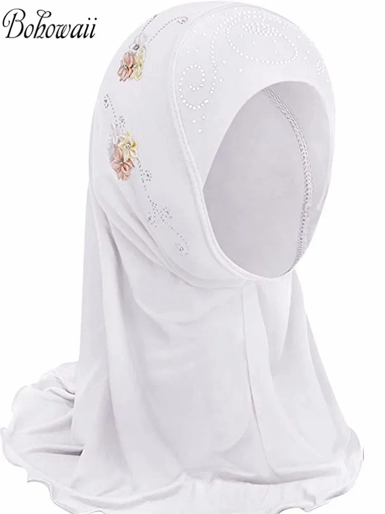 bohowaii enfants filles musulman instantané hijab prêt à porter châles islamiques turban avec fleurs écharpes jersey bandeau (2 7 ans)