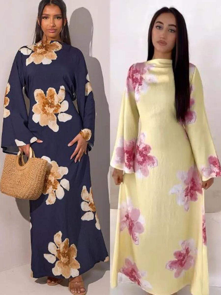 Femmes arabe Eid musulman dubaï Abaya Robe de luxe mode fleur imprimé Robe longue caftan Robe Femme africain Islam vêtements Kebaya Femmes arabe Eid musulman dubaï Abaya Robe de luxe mode fleur imprimé Robe longue caftan Robe Femme africain Islam vêtements Kebaya