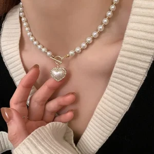 Blanc Imitation Perle Collier Femmes Cristal Pierre Coeur Pendentif Mignon Fille Bijoux Collier Collier Femme