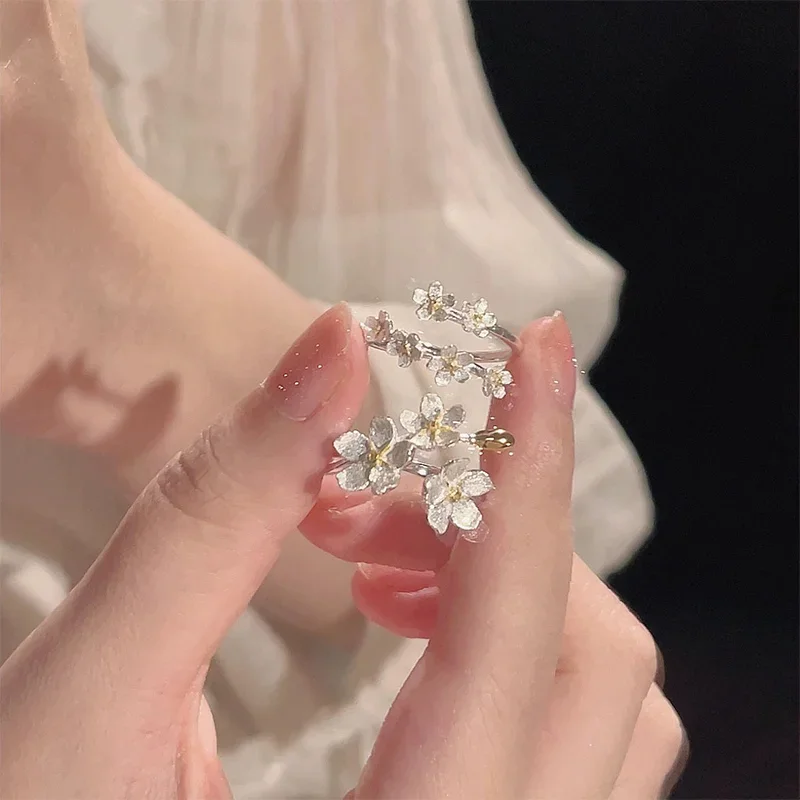 Bagues réglables à ouverture de fleur délicate pour femmes, couleur argent, minimaliste, bijoux fins de fiançailles, cadeau féminin