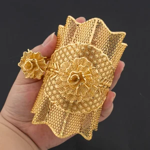 Ensemble de bijoux exquis pour mariée, Bracelet manchette et bague plaqués or, arabie saoudite, ensemble de bagues pour Banquet