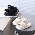 Sandales d&rsquo;été pour filles, chaussures de plage, mignonnes et douces, lanière à la cheville, sandales à bout ouvert, Beige, noir