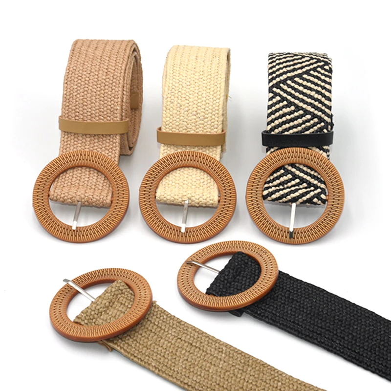 Ceinture élastique tressée en plastique pour femmes, ronde, vintage, bohème, paille, décorative, robe, été