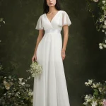 Robe de Mariée Ivoire à Manches Courtes pour Femme, Ligne A, Col en V, Plissé, Tulle, Dos Ouvert, Bal de Promo, Tout ce qui est avec Ceinture
