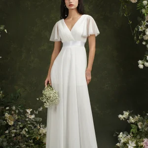 Robe de Mariée Ivoire à Manches Courtes pour Femme, Ligne A, Col en V, Plissé, Tulle, Dos Ouvert, Bal de Promo, Tout ce qui est avec Ceinture Robe de Mariée Ivoire à Manches Courtes pour Femme, Ligne A, Col en V, Plissé, Tulle, Dos Ouvert, Bal de Promo, Tout ce qui est avec Ceinture