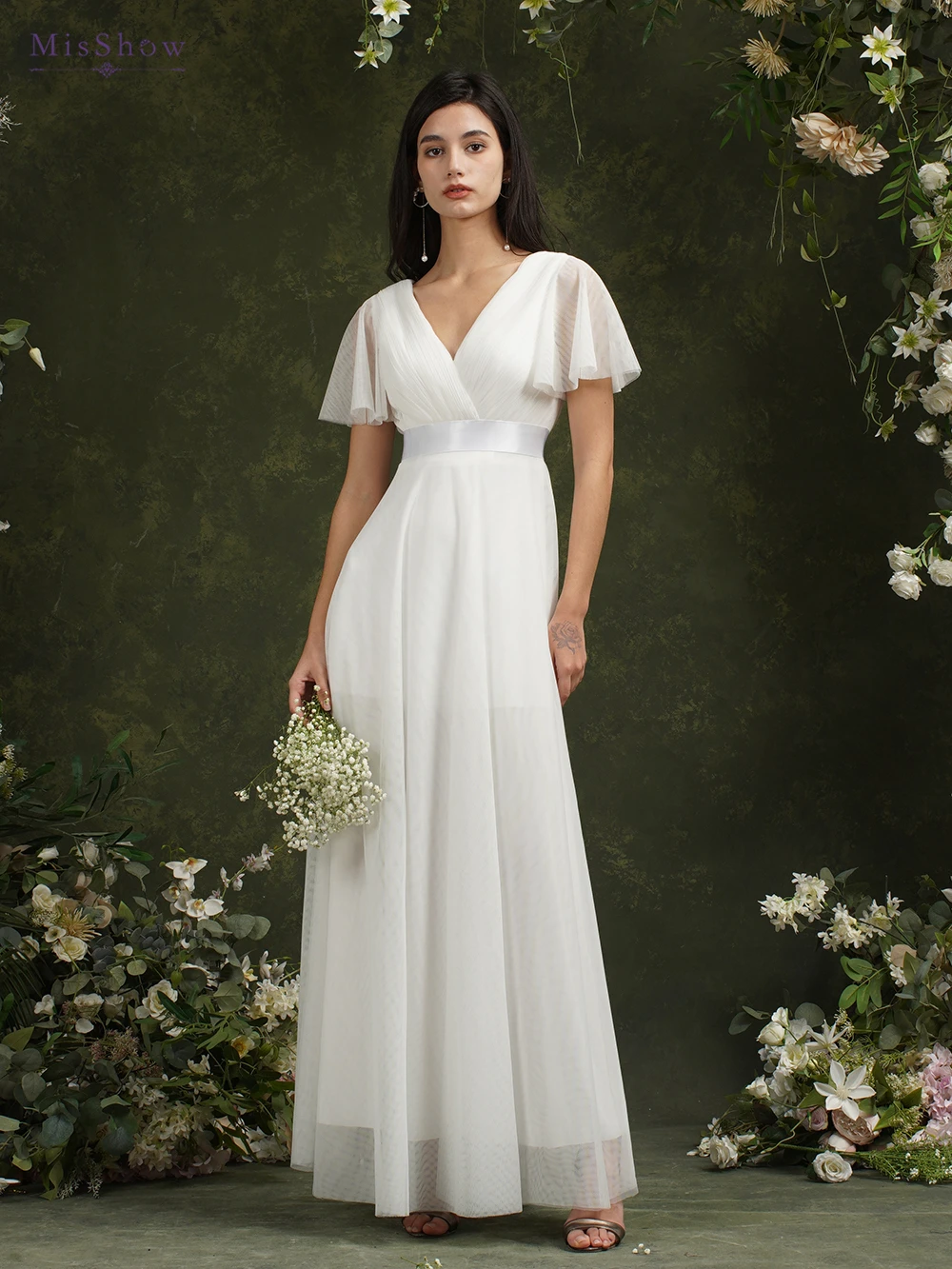 Robe de Mariée Ivoire à Manches Courtes pour Femme, Ligne A, Col en V, Plissé, Tulle, Dos Ouvert, Bal de Promo, Tout ce qui est avec Ceinture Robe de Mariée Ivoire à Manches Courtes pour Femme, Ligne A, Col en V, Plissé, Tulle, Dos Ouvert, Bal de Promo, Tout ce qui est avec Ceinture