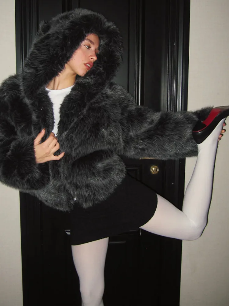 manteau de fourrure à capuche pour femme bouton caché à manches longues manteau de fourrure moelleux femme hiver ample rue décontracté fausse fourrure manteaux dames