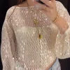 t shirt en maille à paillettes pour femmes, tricoté, perles ajourées, col rond scintillant, manches longues, ample, chemisier court, pull en tricot