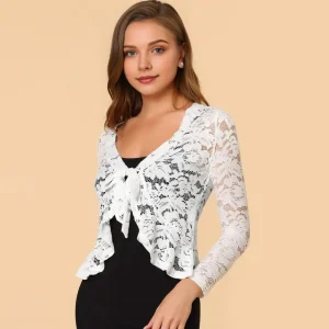 Boléro en dentelle pour femmes, cravate sur le devant, manteau à volants en dentelle florale, Cardigan à manches longues, veste de couverture formelle de bureau, haussement d&rsquo;épaules transparent