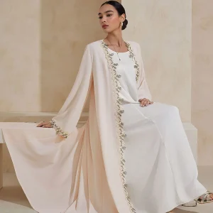 Abaya musulman de style dubaï, broderie florale exquise, détails, idéal pour les occasions formelles de mariage du moyen-orient, Islam modeste