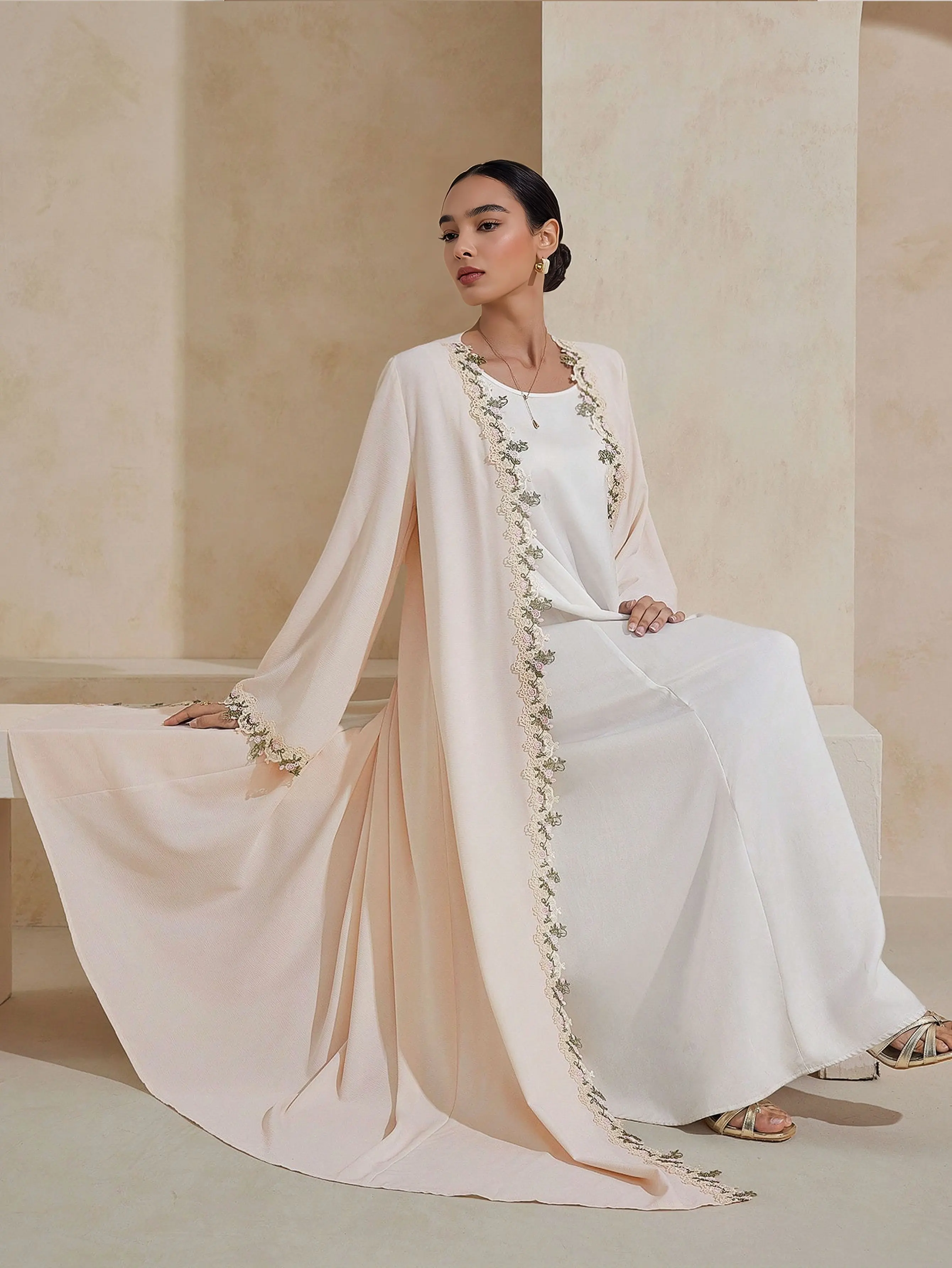 Abaya musulman de style dubaï, broderie florale exquise, détails, idéal pour les occasions formelles de mariage du moyen-orient, Islam modeste