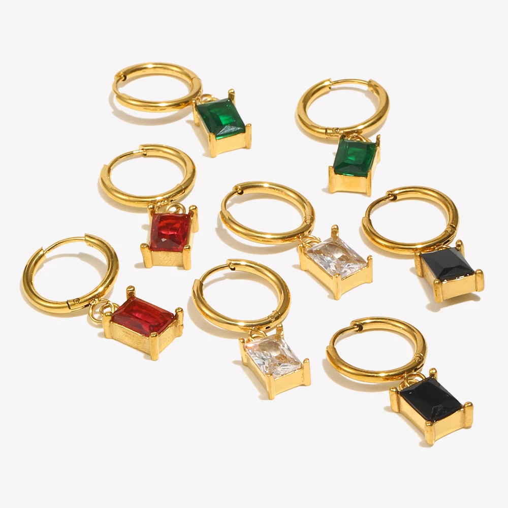 Bijoux de noël minimaliste petit rectangle Zircon pierre breloque Huggie boucles d'oreilles pour femmes en acier inoxydable coloré boucle d'oreille