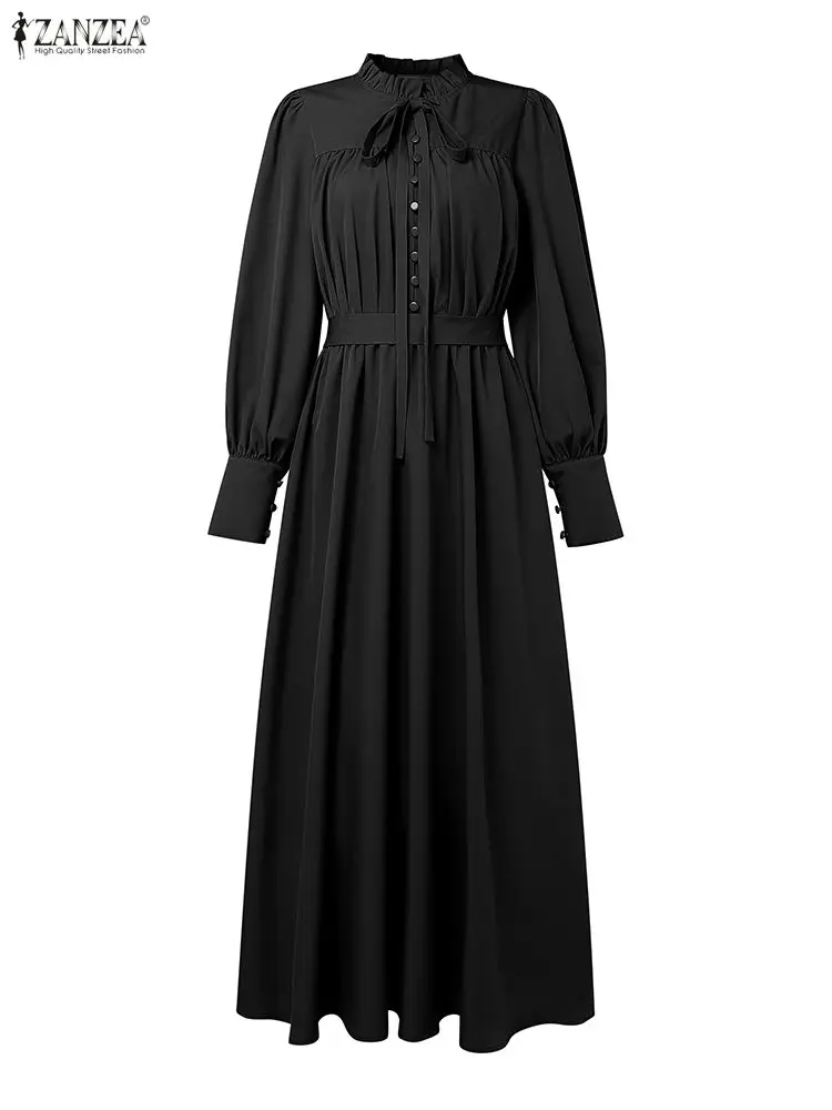 zanzea femmes luxe maxi robes élégant modeste col à volants noué taille à manches longues robe longue musulmane hijabs abaya robes s 3xl