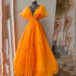 Lena-Robe de Soirée Élégante en Organza pour Femme, Tenue de Fiançailles Royale, Col en V, Vêtement de Bal