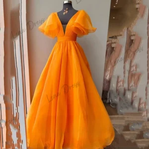 Lena-Robe de Soirée Élégante en Organza pour Femme, Tenue de Fiançailles Royale, Col en V, Vêtement de Bal