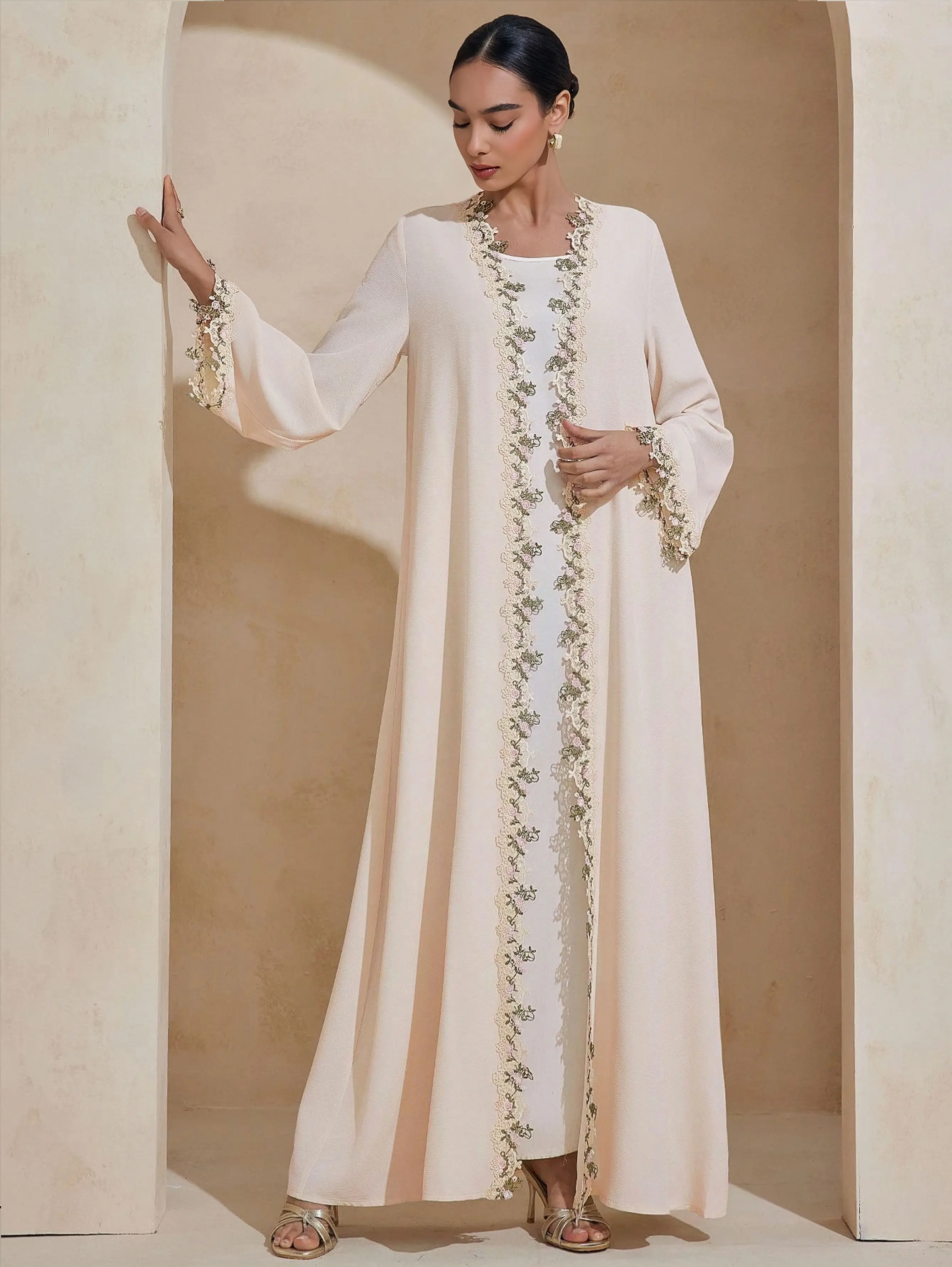 Abaya musulman de style dubaï, broderie florale exquise, détails, idéal pour les occasions formelles de mariage du moyen-orient, Islam modeste