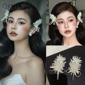 Épingle à cheveux en Imitation de perles pour femmes, Style Ballet français, nœud en perles, doux, Simple, élégant, frange, Clip latéral, couvre-chef