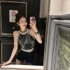 débardeur à paillettes pour femme, haut court y2k, vêtements gothiques, design à la mode, chemises mignonnes, haut sens, col suspendu, col licou