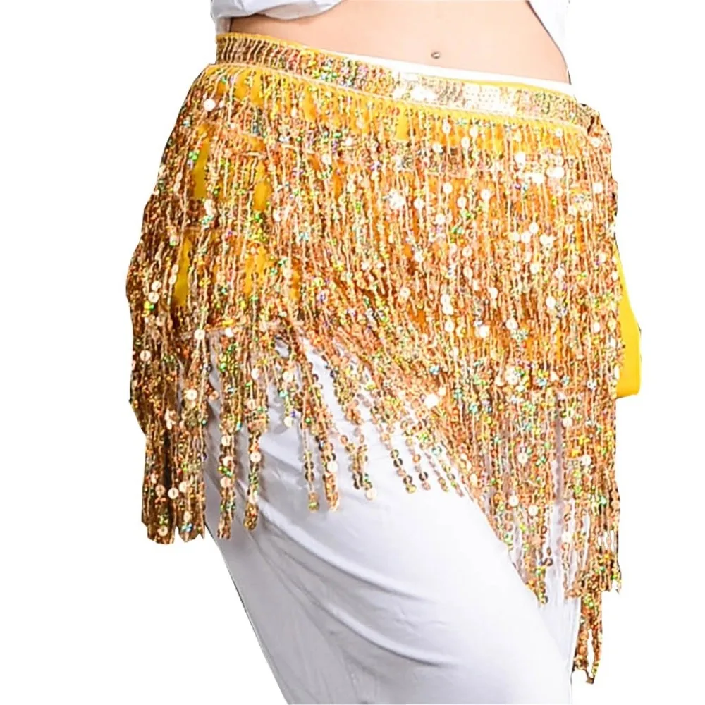 Hula – jupe courte de danse latine à 4 couches, en mousseline de soie, danse du ventre, chaîne de taille, paillettes, pompon multicolore, écharpe de hanche, Performance