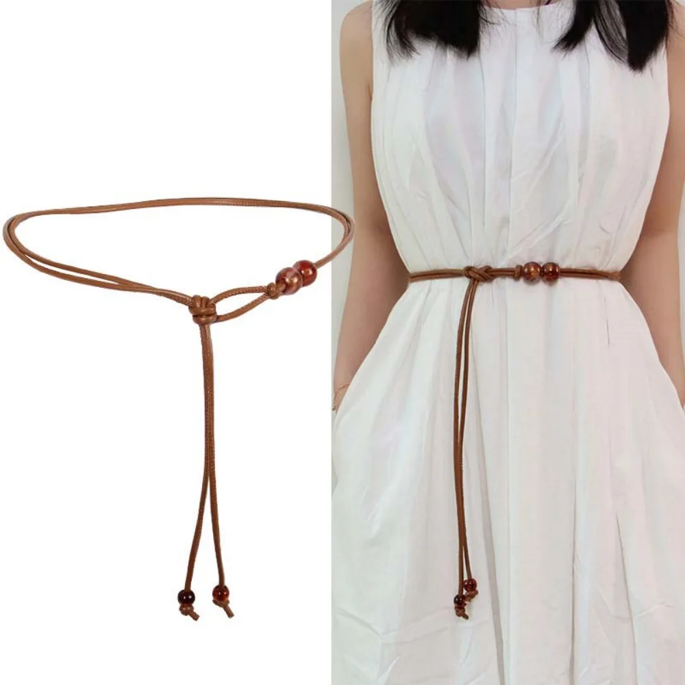 Ceinture fine en corde de taille pour femmes, Style ethnique, corde en cuir perlée, chemise habillée, décoration polyvalente à la mode, ceinture de taille réglable
