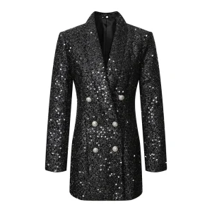 Blazer à Paillettes Brillantes pour Femme, Vêtement de Travail à la Mode et Décontracté, Double Boutonnage, Devant Ouvert, Col en V, Automne
