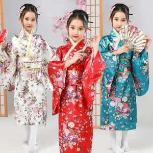 Robe traditionnelle Kimono japonaise pour enfants, Costume féminin, Robe Yukata imprimée, spectacle pour élèves du primaire