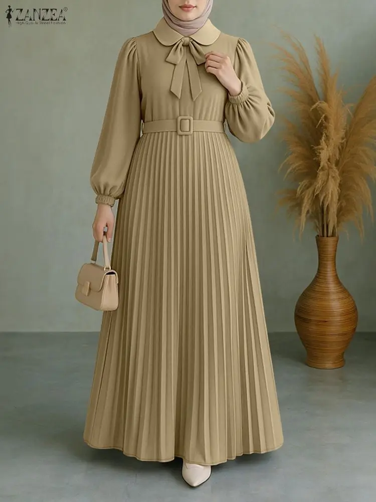 robe musulmane élégante abaya zanzea femmes 2025 robes d'automne longue lanterne manches plissée robe d'été ceinturée robe femme robe de soirée