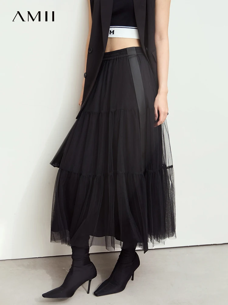 AMII-Jupe Maxi en Tulle Superposée pour Femme, Minimaliste, Taille Haute, Élégante, Ligne A, Maille, Noir, Blanc, ix, Jupes Douces, 12443071