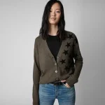 Femmes étoiles Jacquard Cardigan col en v simple boutonnage à manches longues dames pull haut en tricot