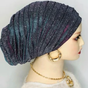Casquette Turban plissée à paillettes pour femmes, enveloppe de tête pour dame, foulard musulman, chapeau, couvre-chef africain, 2025