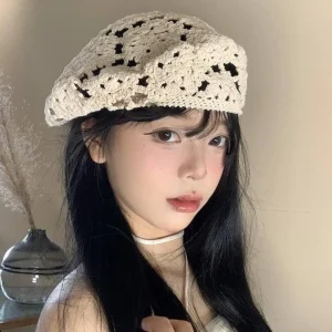 Chapeau à fleurs respirant, Style japonais, grande circonférence de la tête, béret ajouré, casquette tricotée au Crochet fin assortie avec tout, vacances