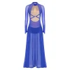 robe de danse lyrique pour femmes, strass, manches longues, dos nu, fente en mousseline de soie, justaucorps de gymnastique, costume de danse contemporaine moderne