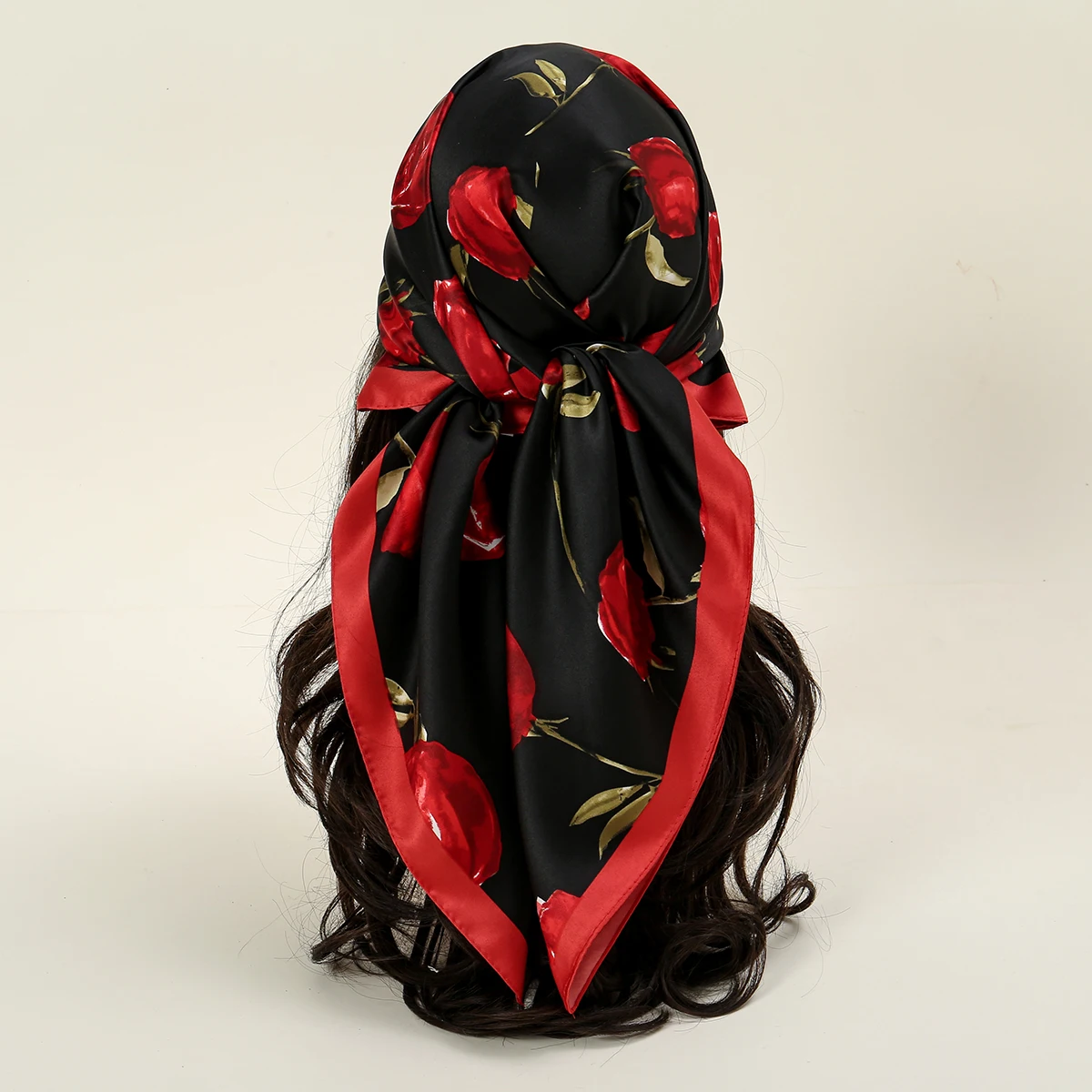 hijab en satin imprimé rose pour femme musulmane, bandana carré, bandeau d'Été, 85x85cm