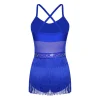 femmes strass latin tango danse justaucorps robe maille transparente patchwork à plusieurs niveaux gland frange une pièce body robe dancewear