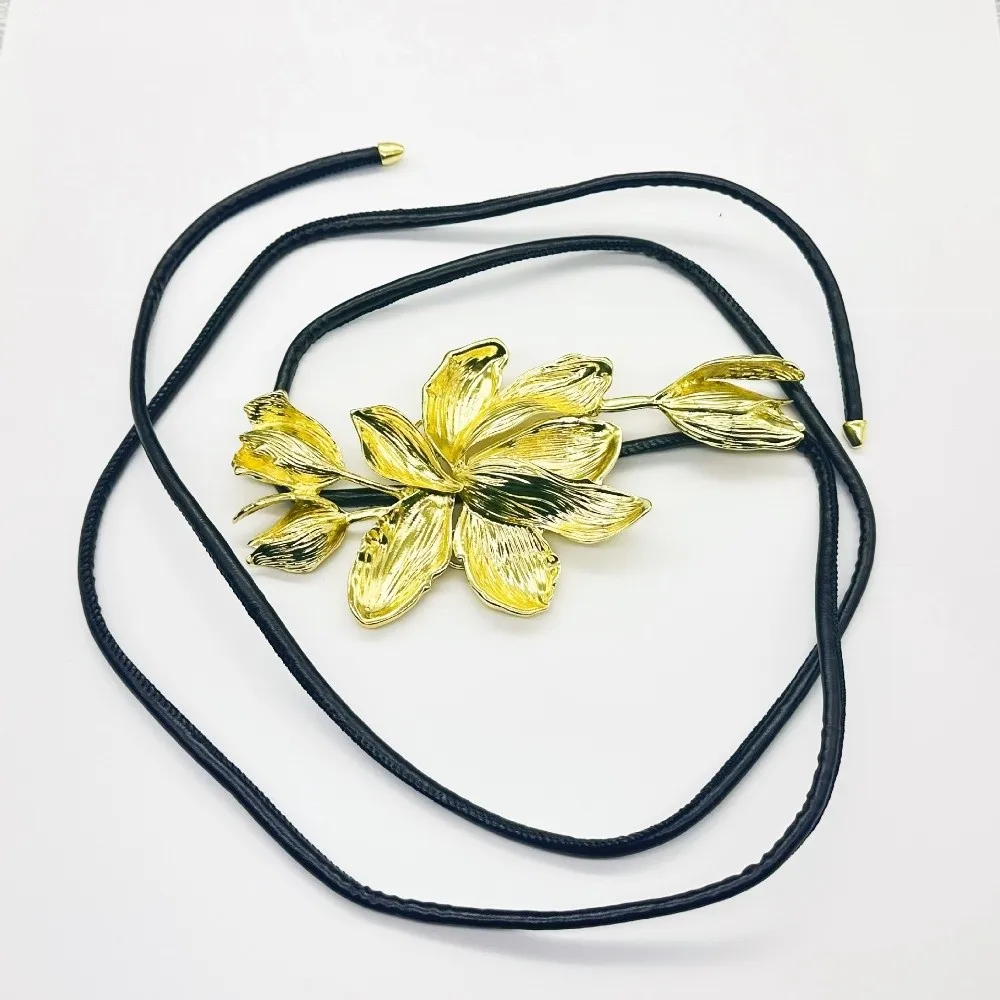 Ceinture tulipe dorée polyvalente et réglable, en alliage, Vintage, fleur en métal, chaîne de taille, argent PU, ceinture exagérée pour filles Cool