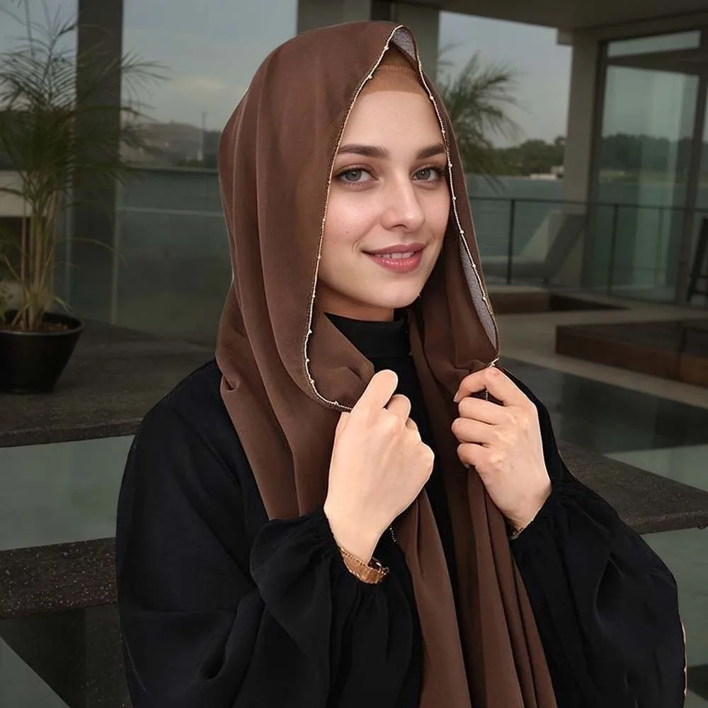 Foulard élastique coloré perlé, Hijab, couleur unie, Turban de queue imprimé, assorti avec tout, respirant, en mousseline de soie, grand châle pour Couple