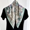 foulard carré de luxe en soie 70cm pour femmes, bandanas, bandeau élégant pour dames, imprimé floral vert, foulard, ruban de sac hijab