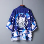 Cardigan Kimono pour homme, imprimé chat Yukata, manteau de samouraï japonais de Style chinois, Haori, hauts de Cosplay traditionnels, vêtements d&rsquo;été