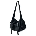 Sac à Bandoulière Noir avec Poches pour Femme, Fourre-Tout en Toile de Grande Capacité, Style Rétro, BF Japonais, Unisexe