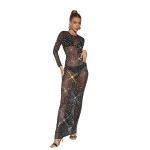 Robe de plage en maille transparente à manches longues pour femmes, robe à paillettes, robe fendue, mince, sexy, couverture maxi, mode féminine, nouveau