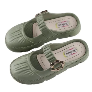 Pantoufles plates antidérapantes pour femmes, sandales à bout rond, chaussures à semelles souples, pantoufles d&rsquo;été en cuir PU