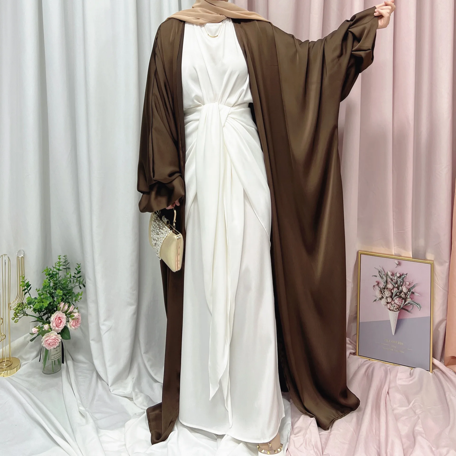 abaya de luxe à manches bouffantes pour femmes musulmanes, robe de ramadan, robe de soirée blanche et rose, vêtements kimono, turquie, dubaï, vêtements islamiques pour filles