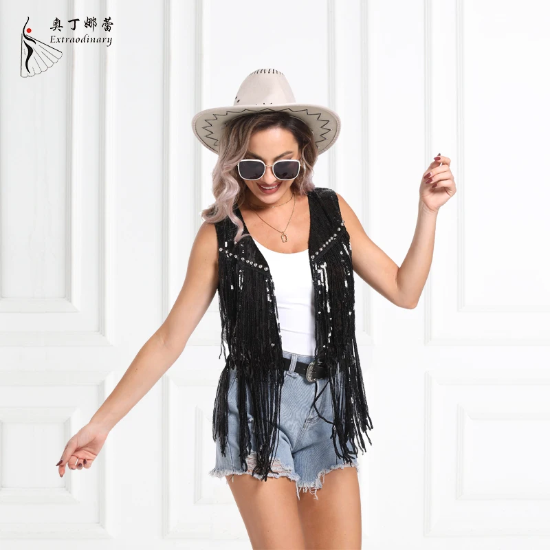 paillettes gland gilet femmes mode solide décontracté frange gilet sans manches hip hop veste denim style gilet danse musique gilet 