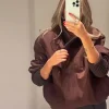 veste portefeuille marron tendance pour femmes, col tricoté solide et poignets, cordon de serrage à la taille, haut confortable et décontracté, nouvelle collection 20225, chic, streetwear