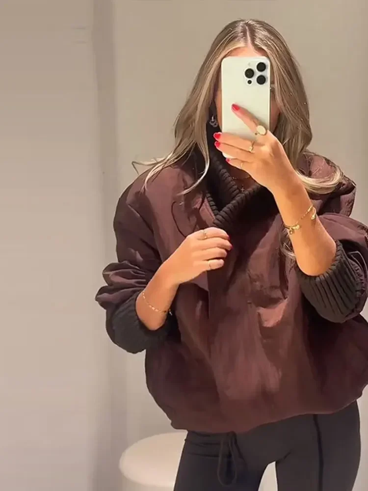 veste portefeuille marron tendance pour femmes, col tricoté solide et poignets, cordon de serrage à la taille, haut confortable et décontracté, nouvelle collection 20225, chic, streetwear