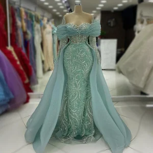 Robe de soirée arabe bleue perlée, manches longues, avec nœud sur le devant, Style saoudien, Serene Hill, personnalisée, LA72841, 2025