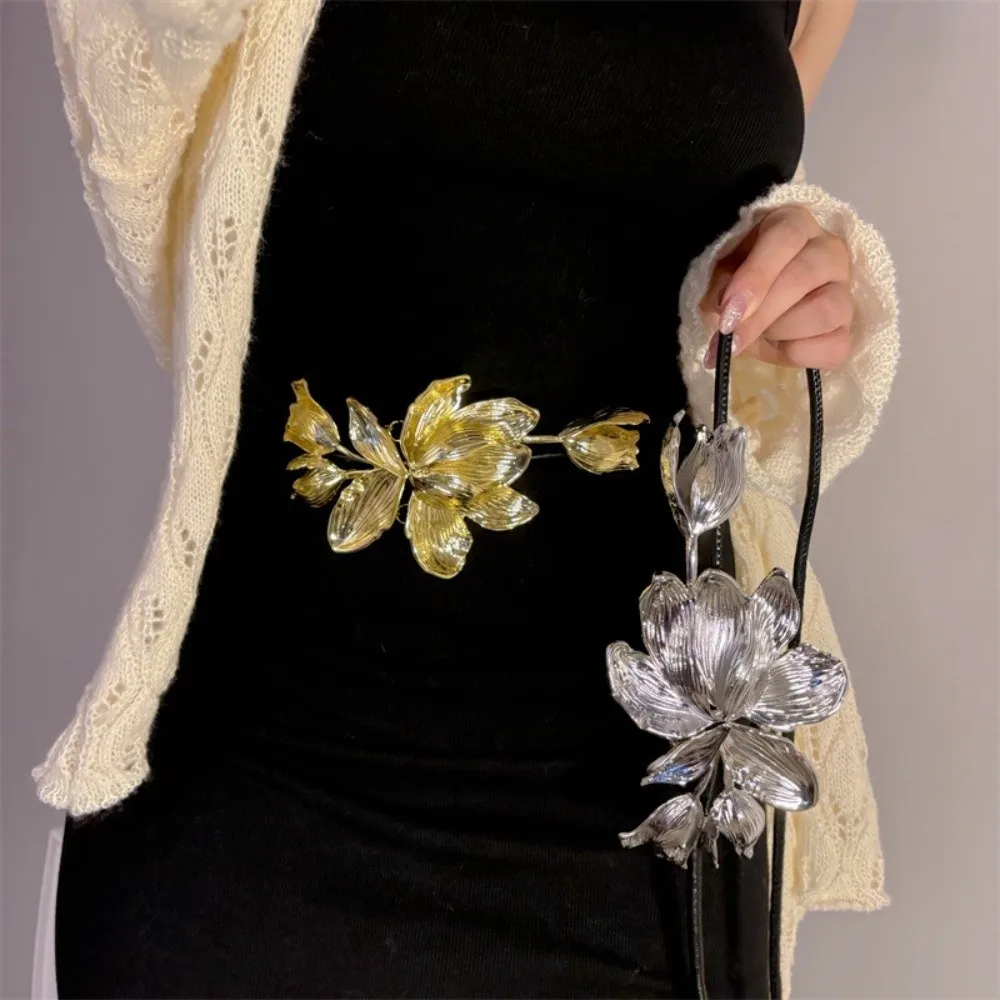 Ceinture tulipe dorée polyvalente et réglable pour femmes, Vintage, PU, métal, fleur, chaîne de taille, alliage, ceinture exagérée